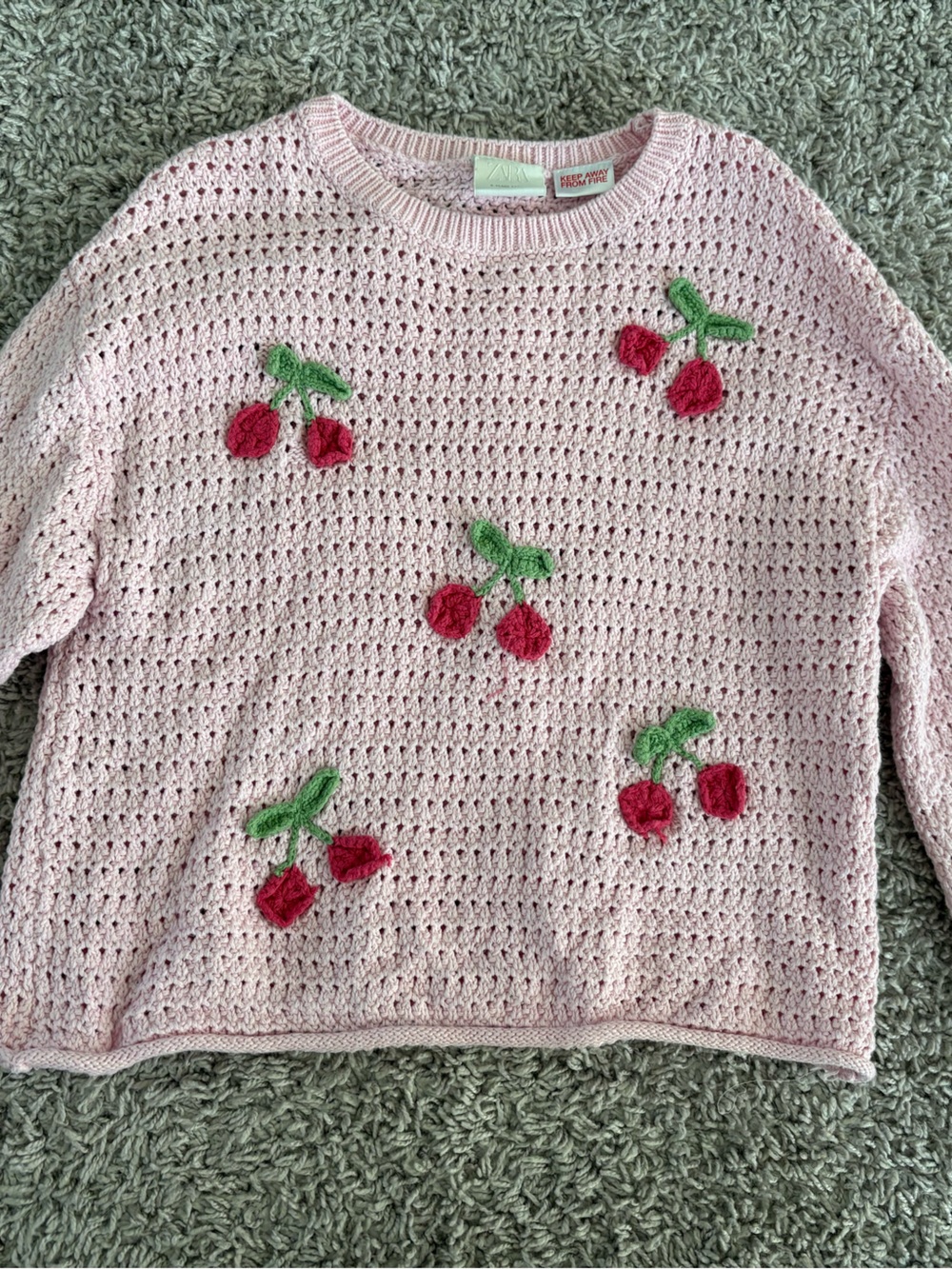 Zara Girls Pink Crochet Sweater with Red Cherry Appliqués